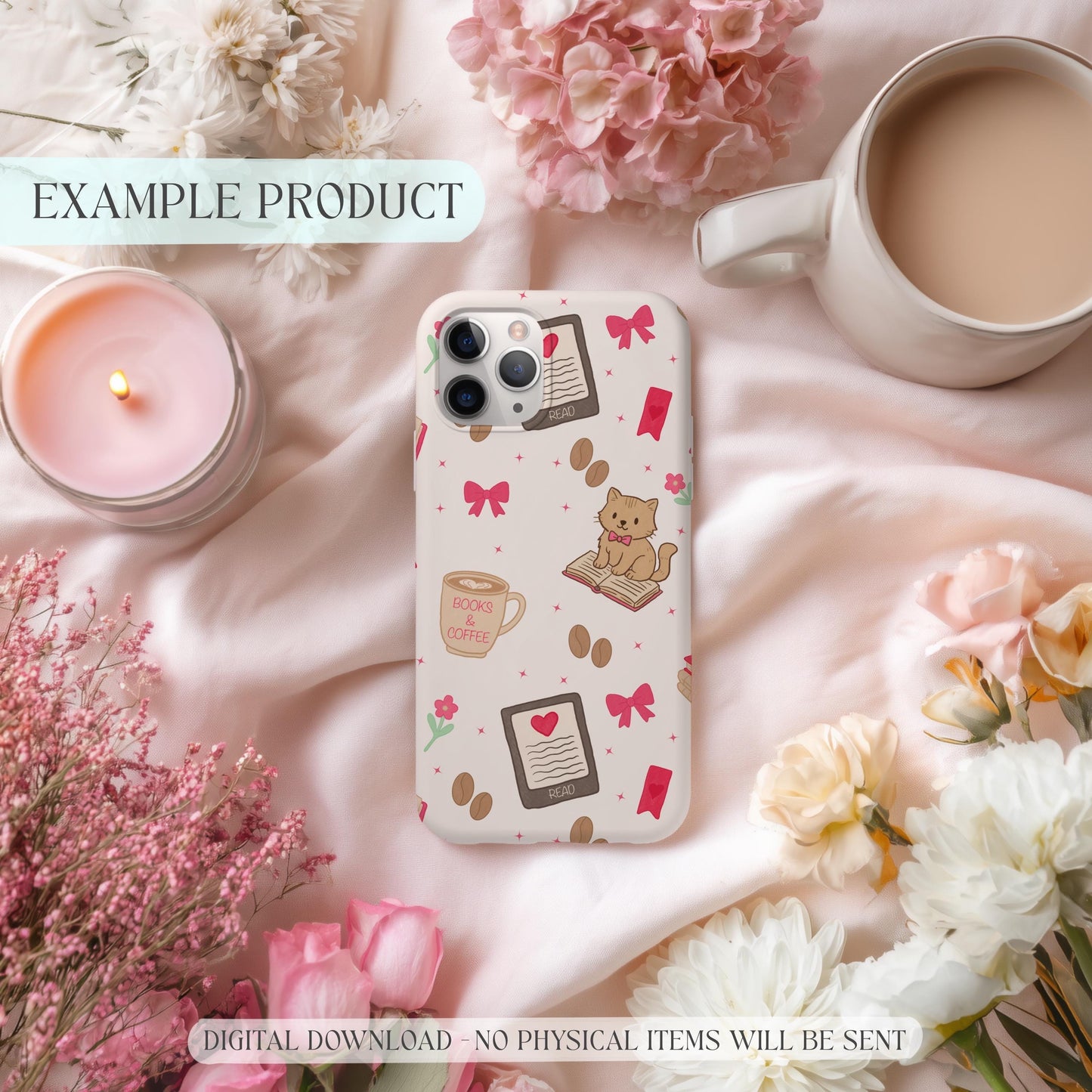 Pattern applied to smartphone case mockup — reading aesthetic product example