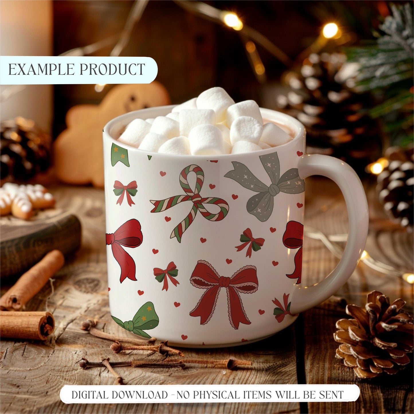 Green and red bows vintage style holiday pattern mockup on mug