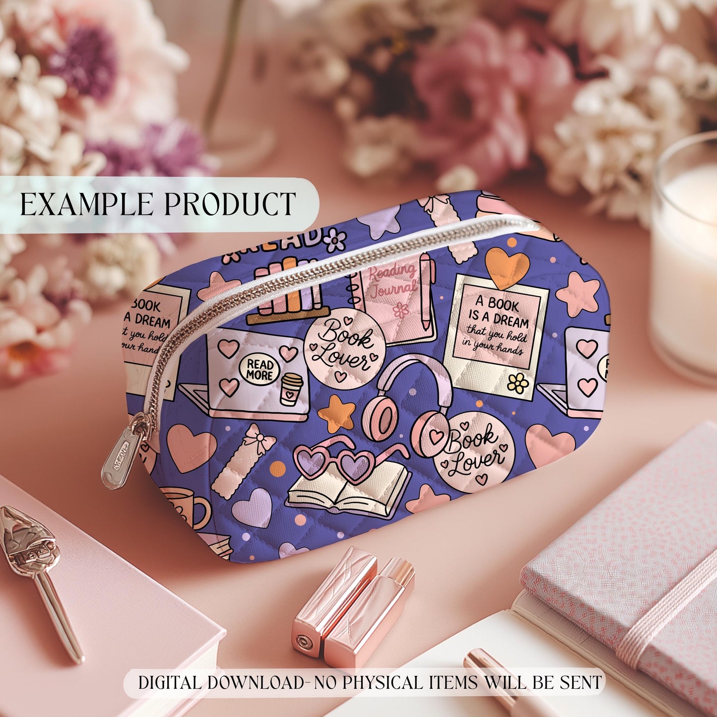 Zip pouch mockup featuring the purple reading seamless pattern with books and mugs printed on the bag.