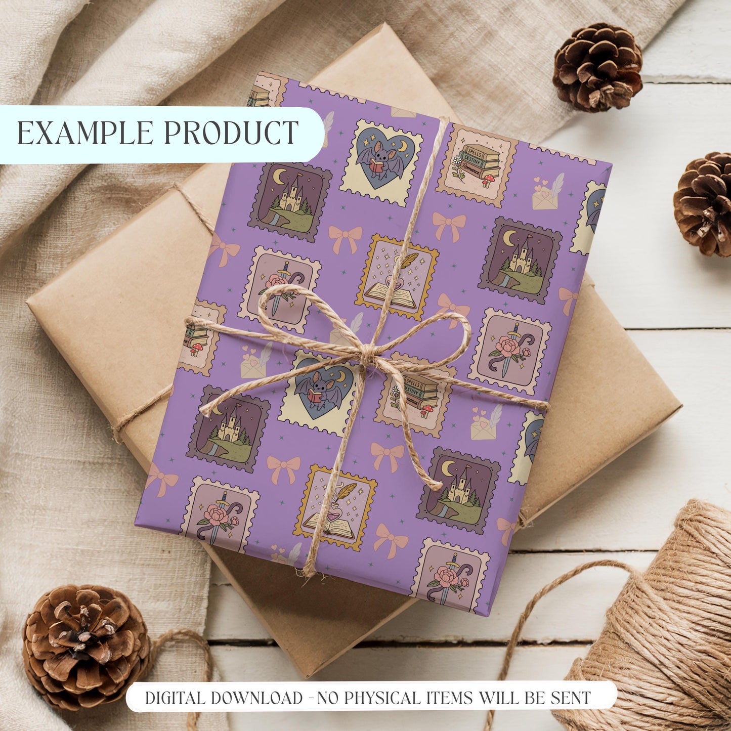 Gift-wrapped boxes featuring the purple romantasy patchwork seamless pattern with fantasy book-themed illustrations.