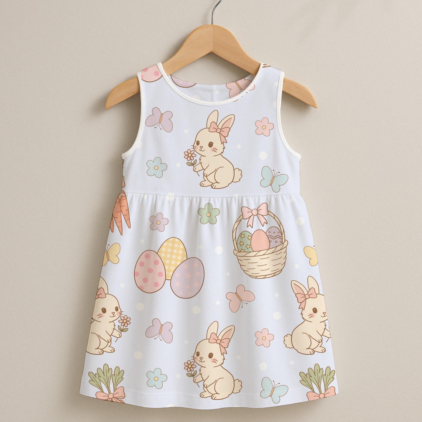 Sleeveless kids’ dress displayed on a wooden hanger featuring a pastel Easter pattern with bunnies, eggs, and carrots.”