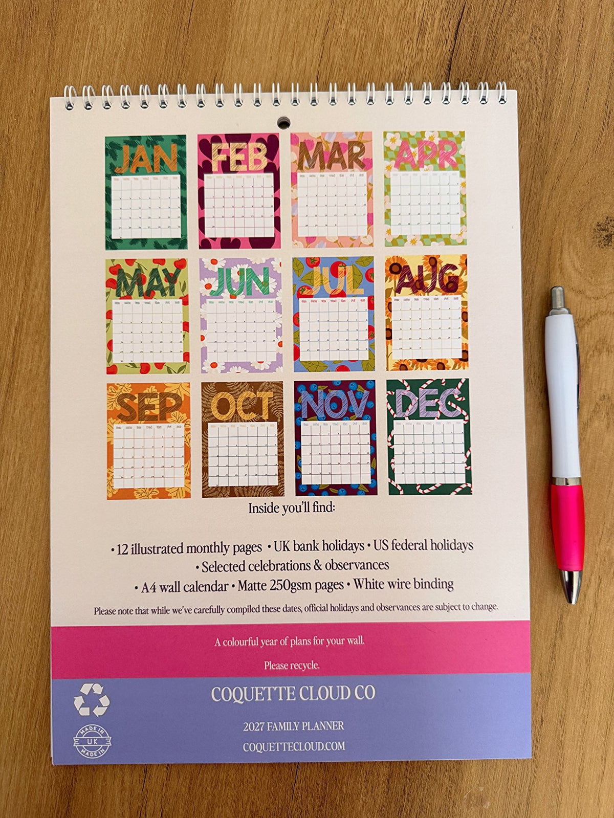 2027 A4 Wall Calendar - Coquette Cloud Co