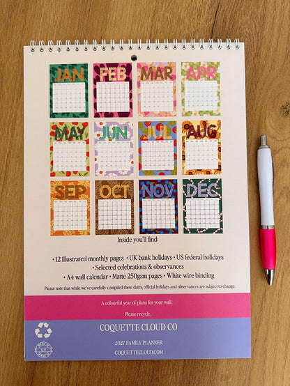 2027 A4 Wall Calendar - Coquette Cloud Co