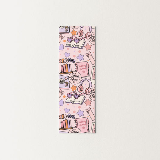 Colorful bookmark with book-themed illustrations on a white background