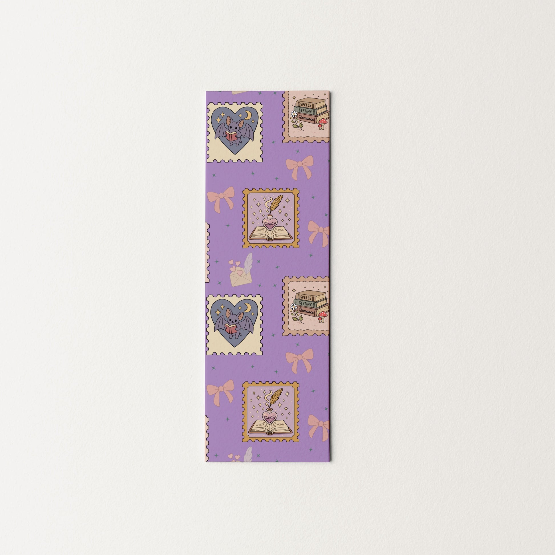 Purple bookmark with fantasy decorative designs on a white background
