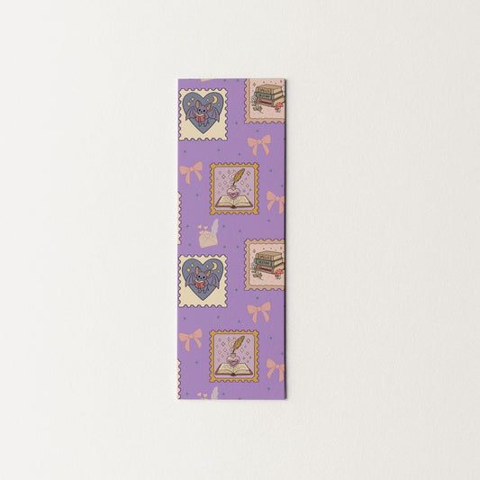 Purple bookmark with fantasy decorative designs on a white background