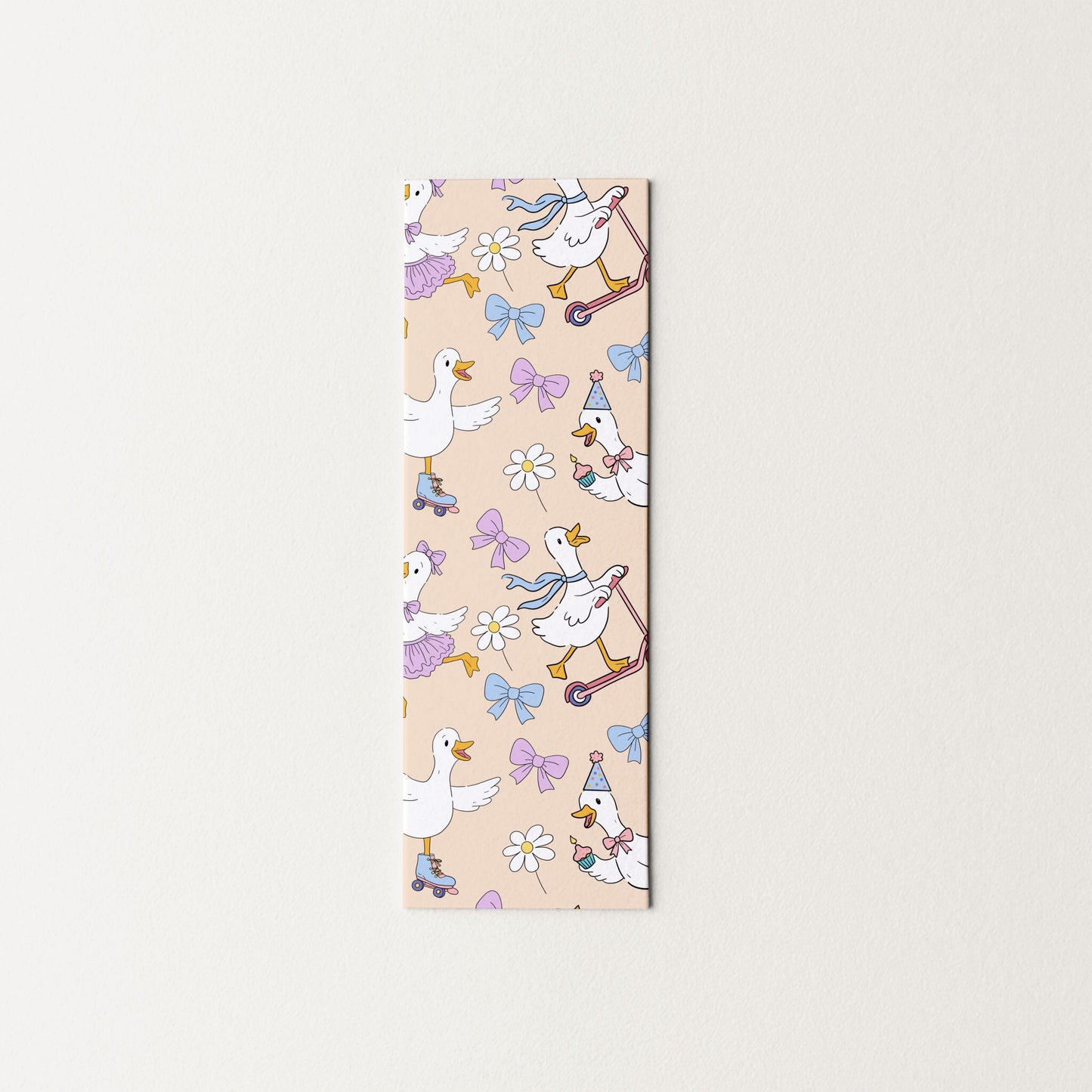 Rectangular bookmark with cartoon goose pattern on a beige background