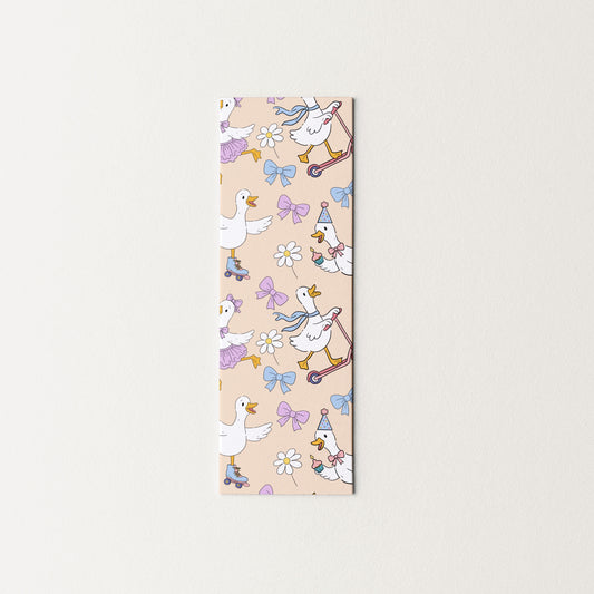 Rectangular bookmark with cartoon goose pattern on a beige background