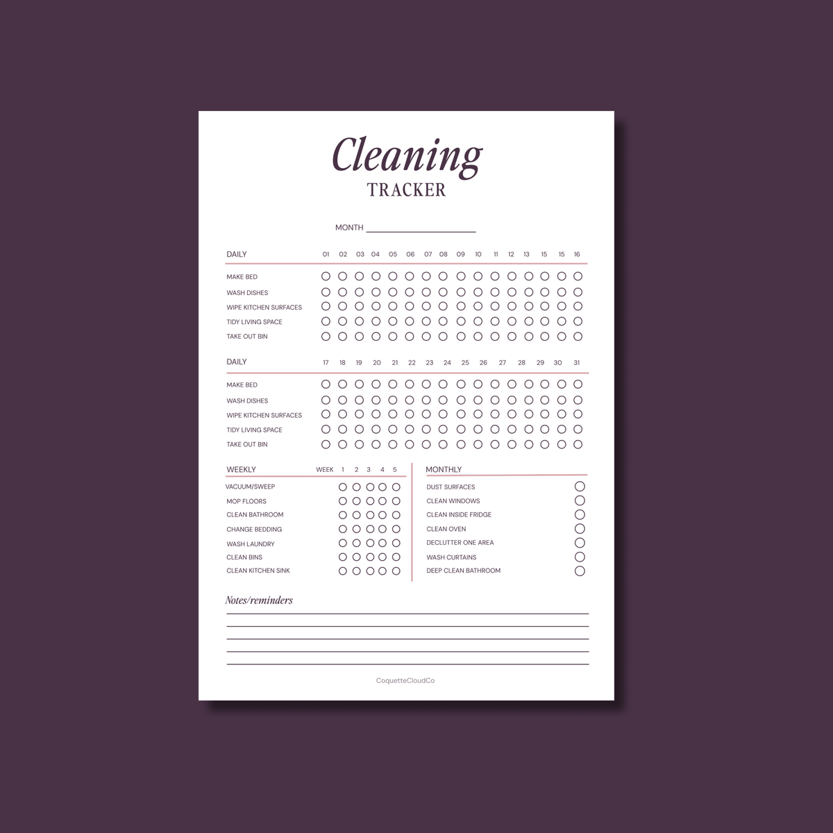 Cleaning Tracker - Coquette Cloud Co
