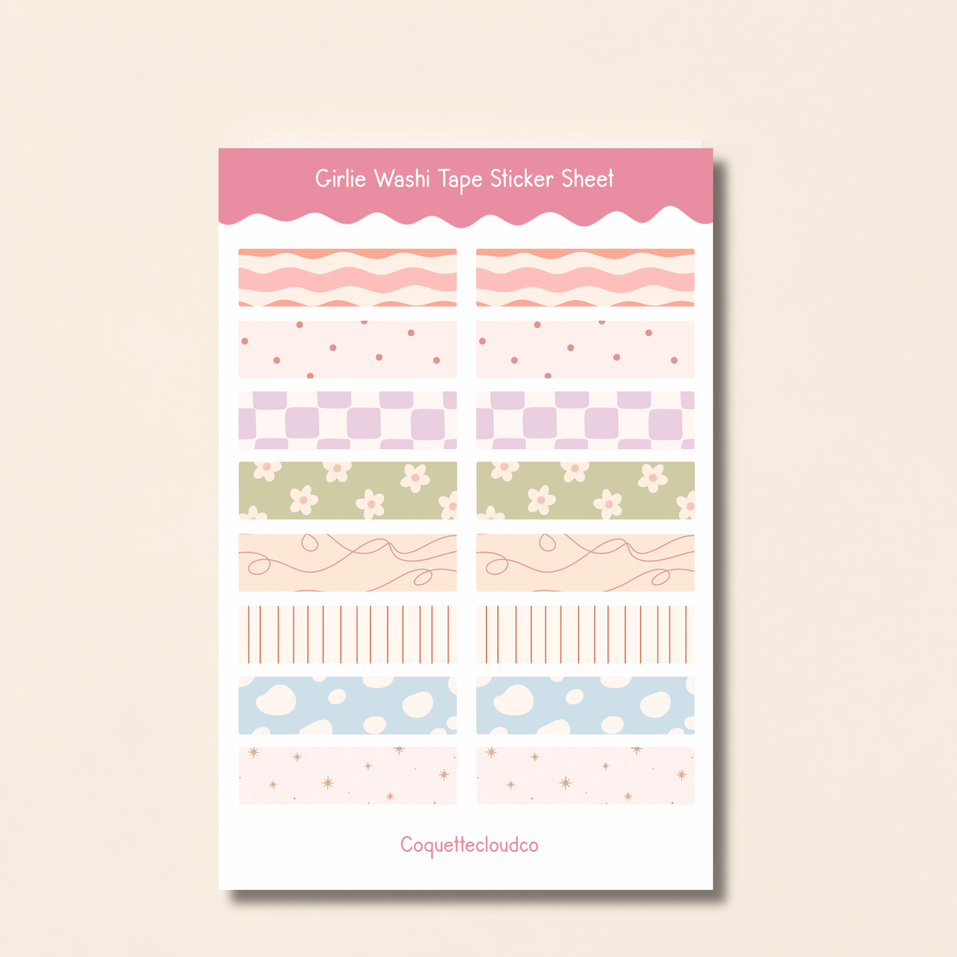 Girlie Washi Tape Sticker Sheet - Coquette Cloud Co