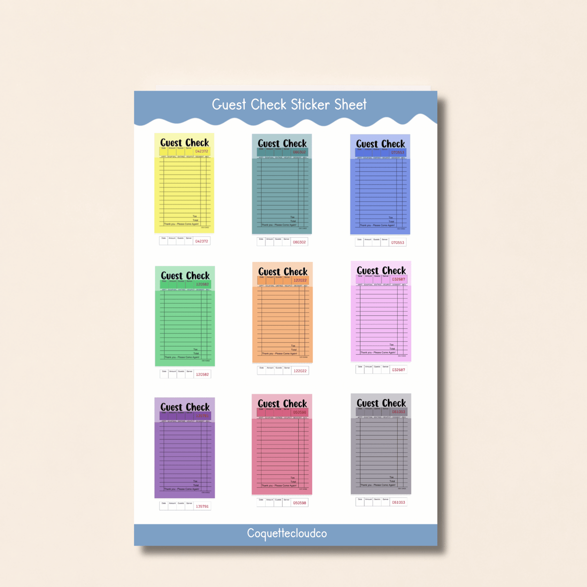 Guest Check Sticker Sheet - Coquette Cloud Co