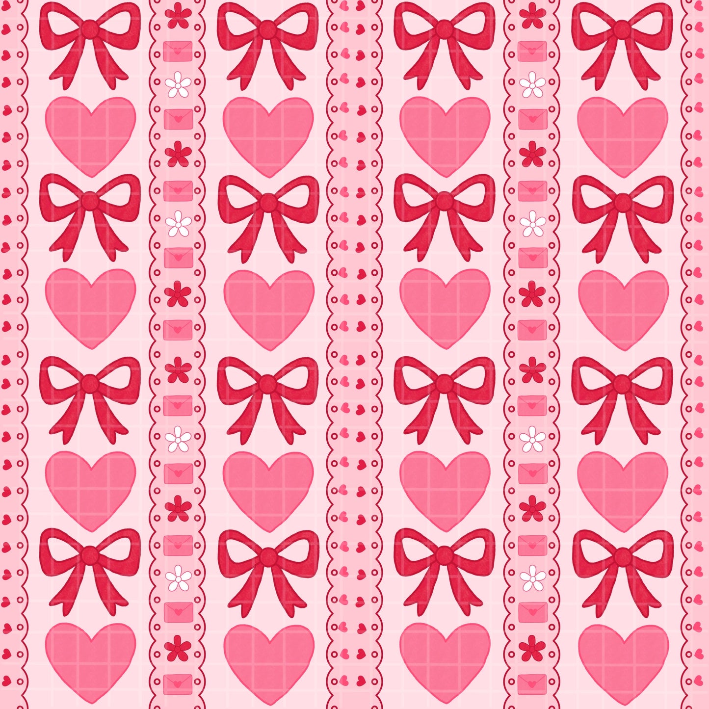 Seamless tiling close-up hearts and bows pattern 300 DPI