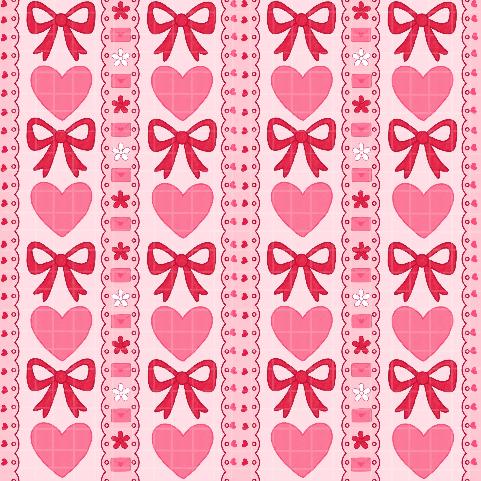 Seamless tiling close-up hearts and bows pattern 300 DPI