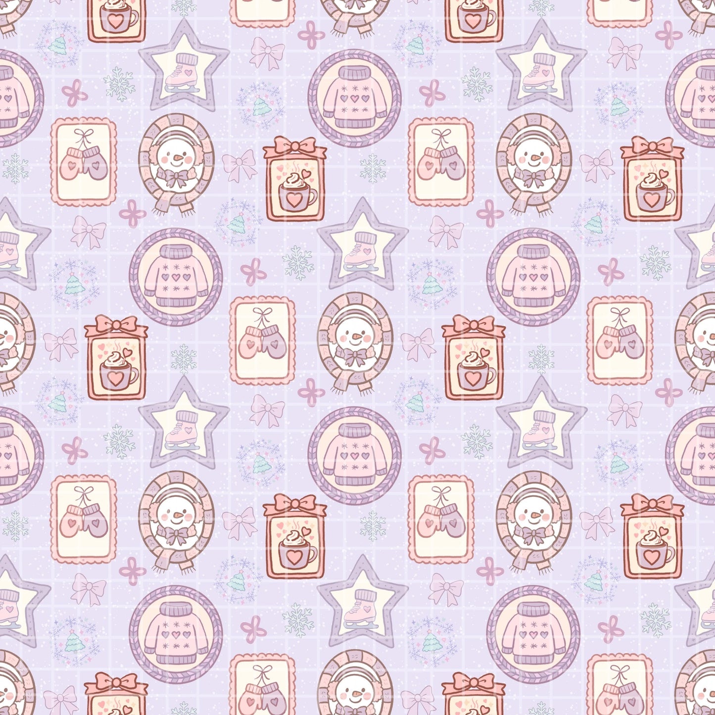 Winter Picture Frames Seamless Pattern, Hand-Drawn Snowflakes, Cute Snowmen, Ice Skates, Digital PNG Design