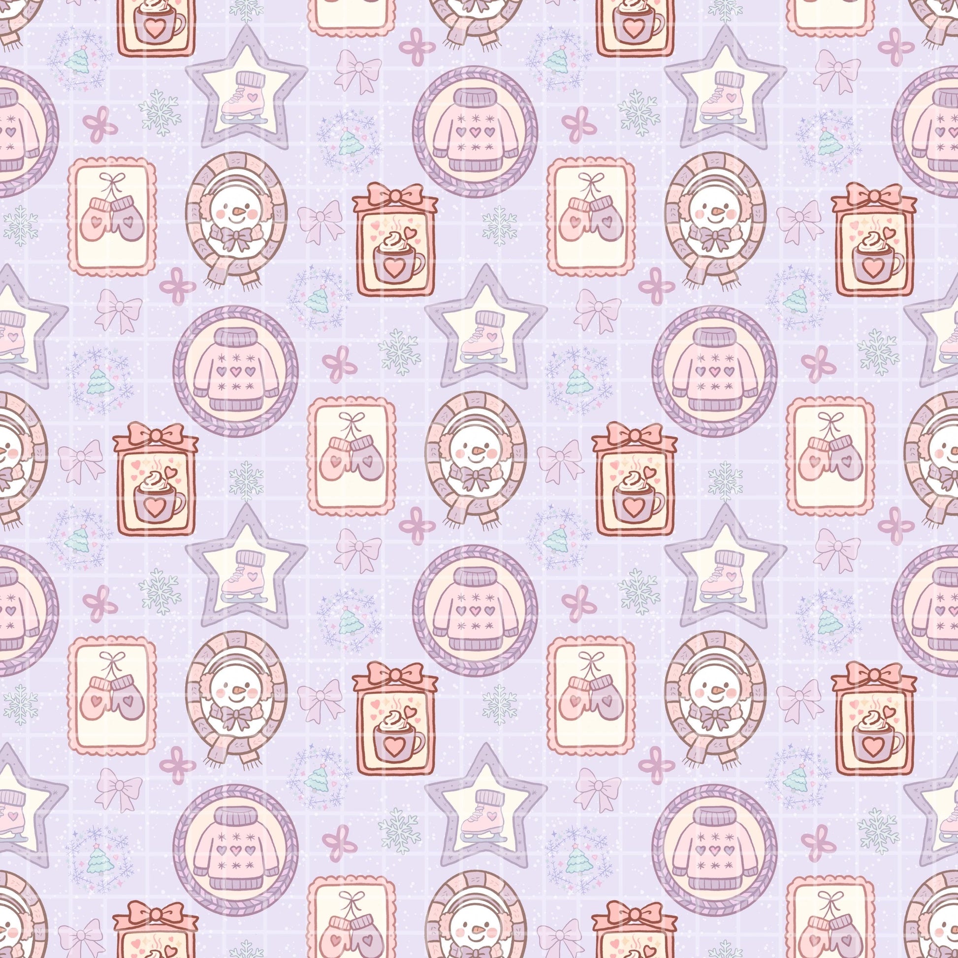 Winter Picture Frames Seamless Pattern, Hand-Drawn Snowflakes, Cute Snowmen, Ice Skates, Digital PNG Design