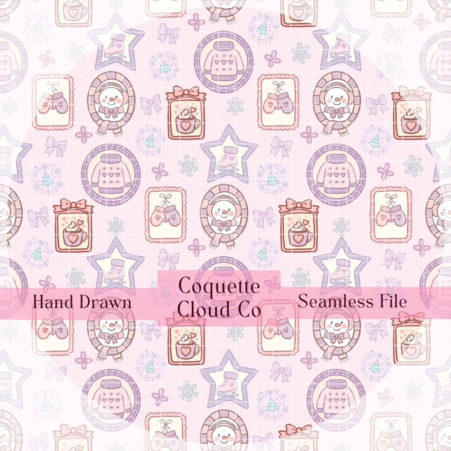 Winter Picture Frames Seamless Pattern, Hand-Drawn Snowflakes, Cute Snowmen, Ice Skates, Digital PNG Design