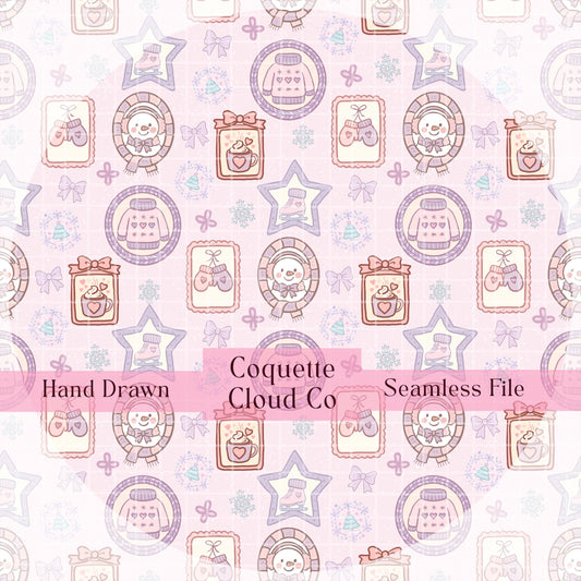 Winter Picture Frames Seamless Pattern, Hand-Drawn Snowflakes, Cute Snowmen, Ice Skates, Digital PNG Design