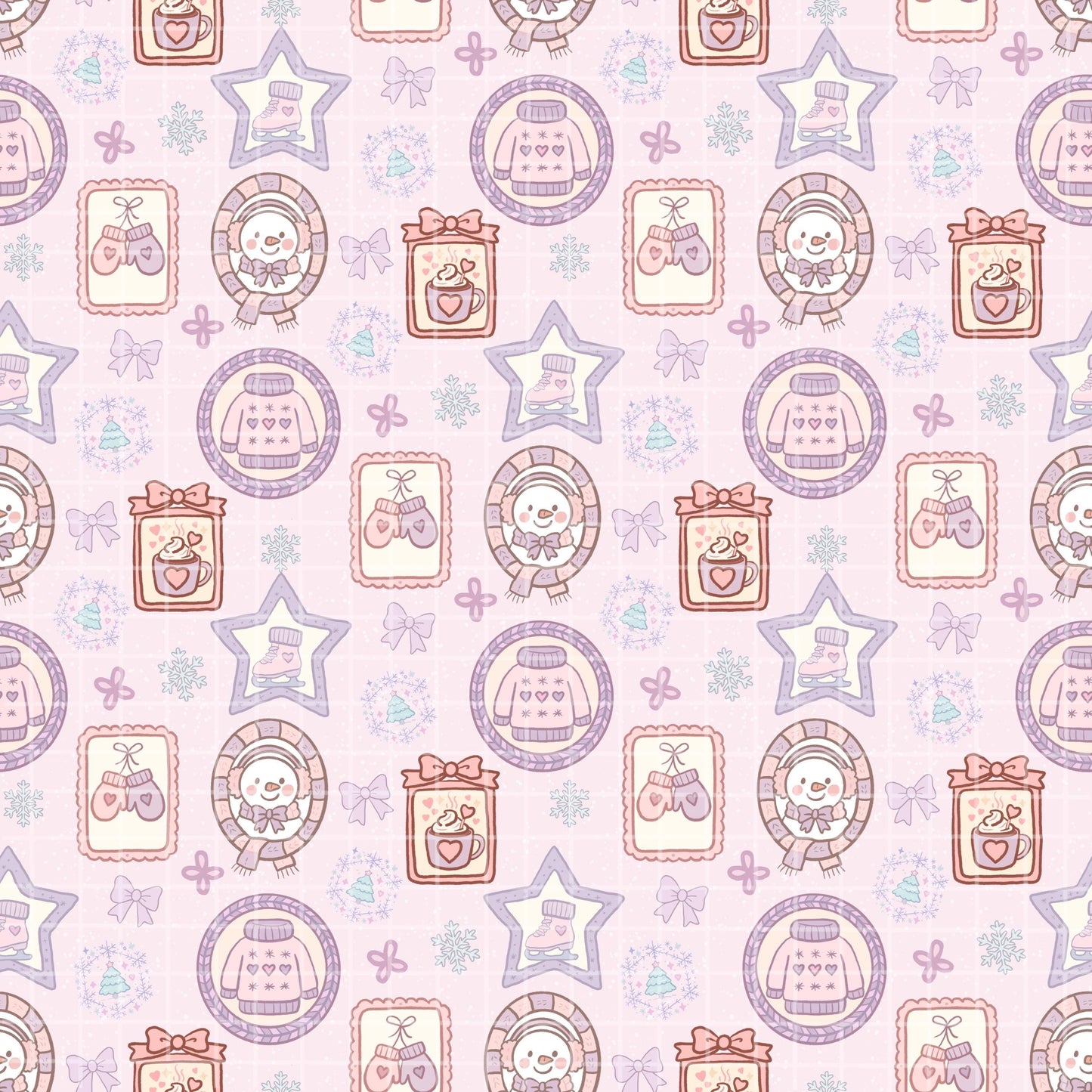 Winter Picture Frames Seamless Pattern, Hand-Drawn Snowflakes, Cute Snowmen, Ice Skates, Digital PNG Design
