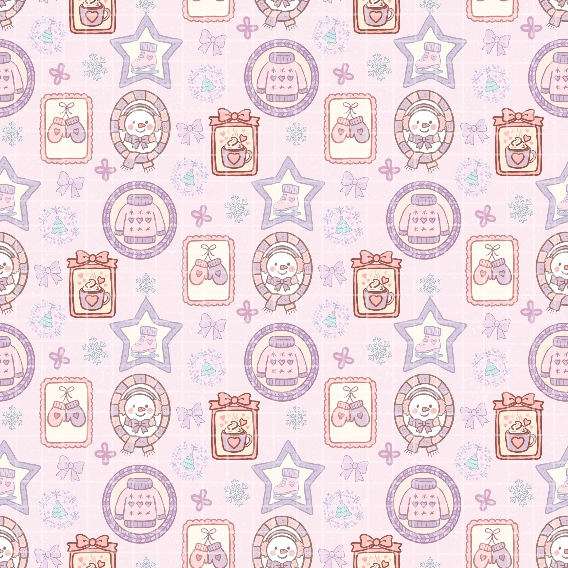 Winter Picture Frames Seamless Pattern, Hand-Drawn Snowflakes, Cute Snowmen, Ice Skates, Digital PNG Design