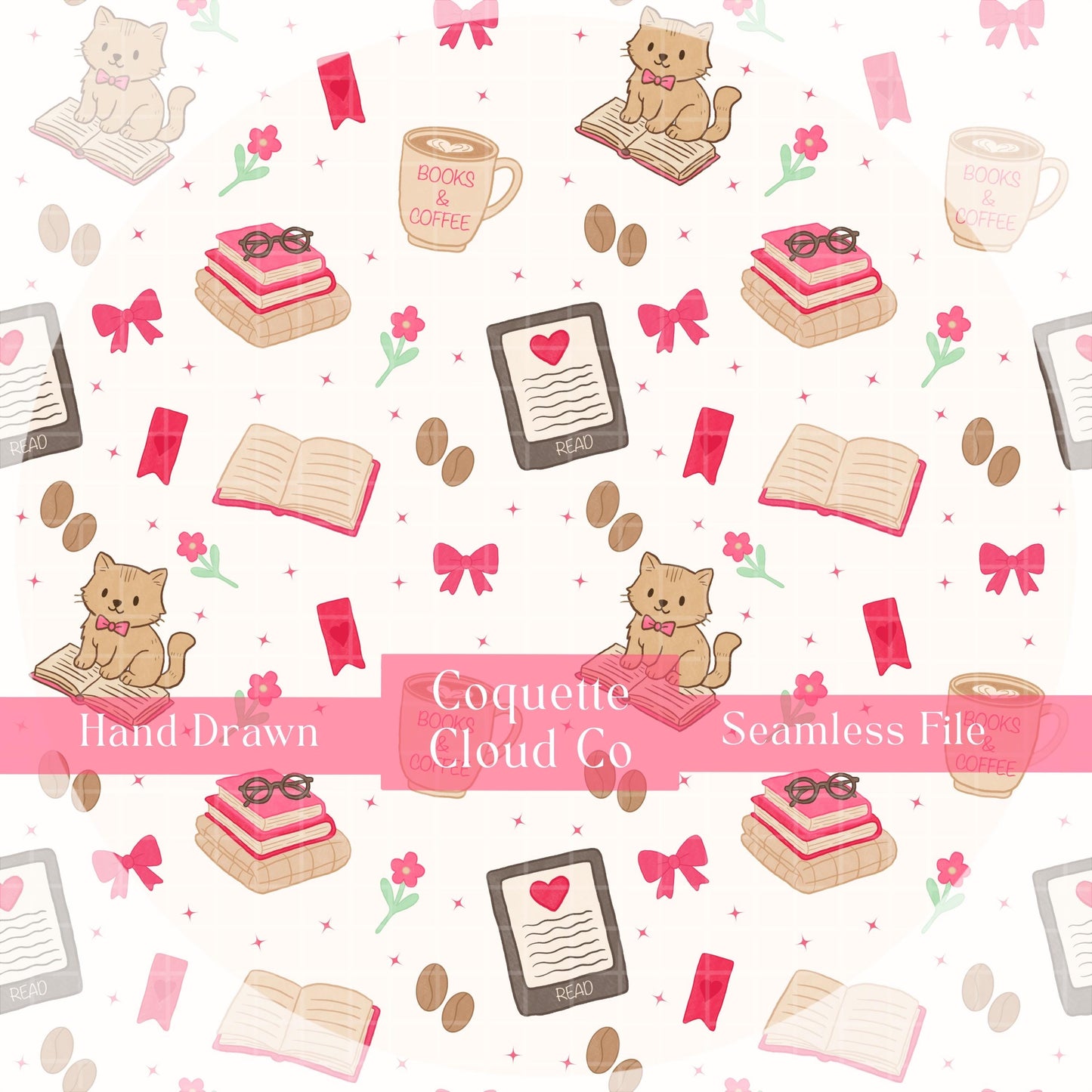 Repeat close-up — hand-drawn cat and open book — cozy bookish pattern detail