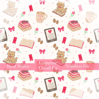 Repeat close-up — hand-drawn cat and open book — cozy bookish pattern detail