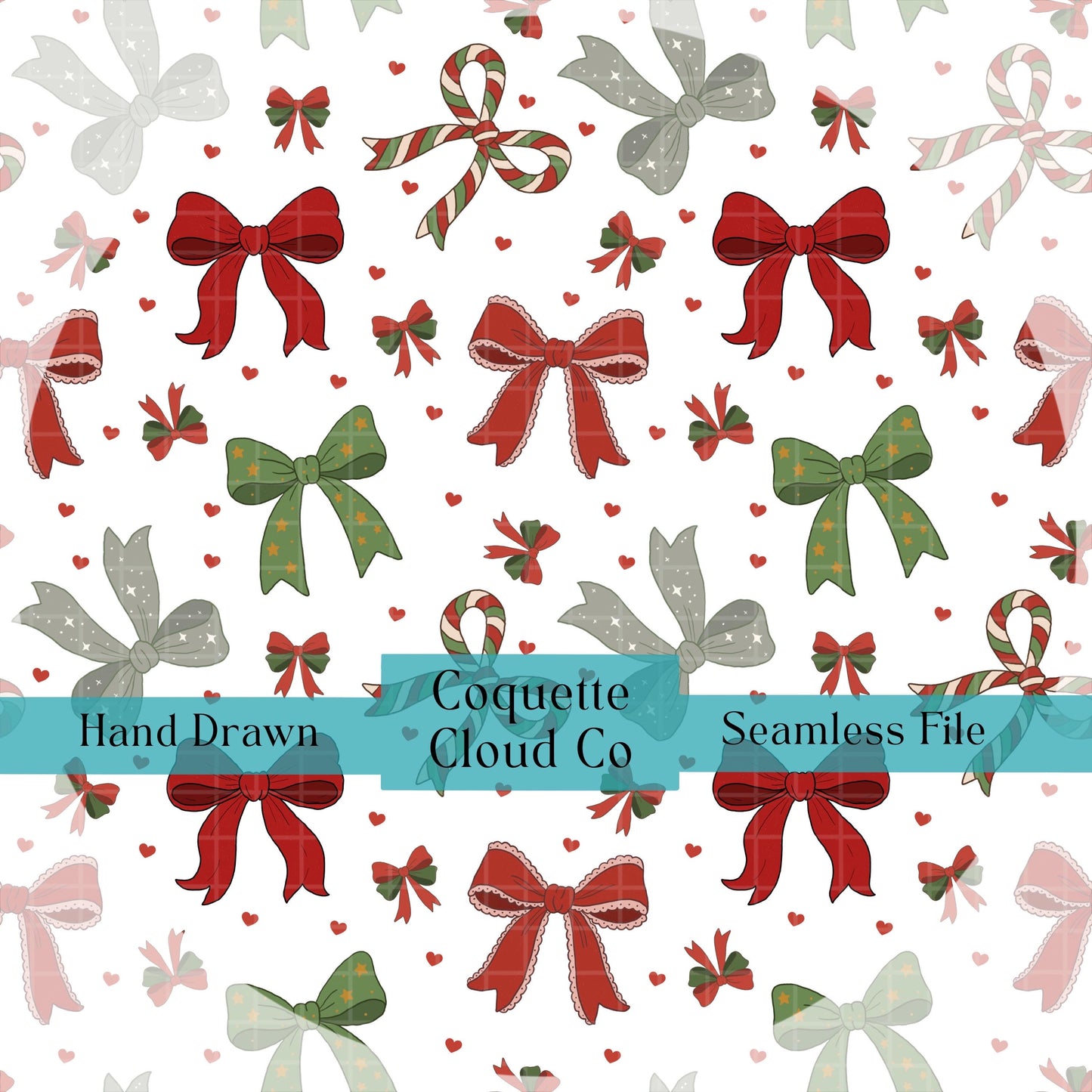 Seamless Christmas hearts and bows pattern - red green bows close-up