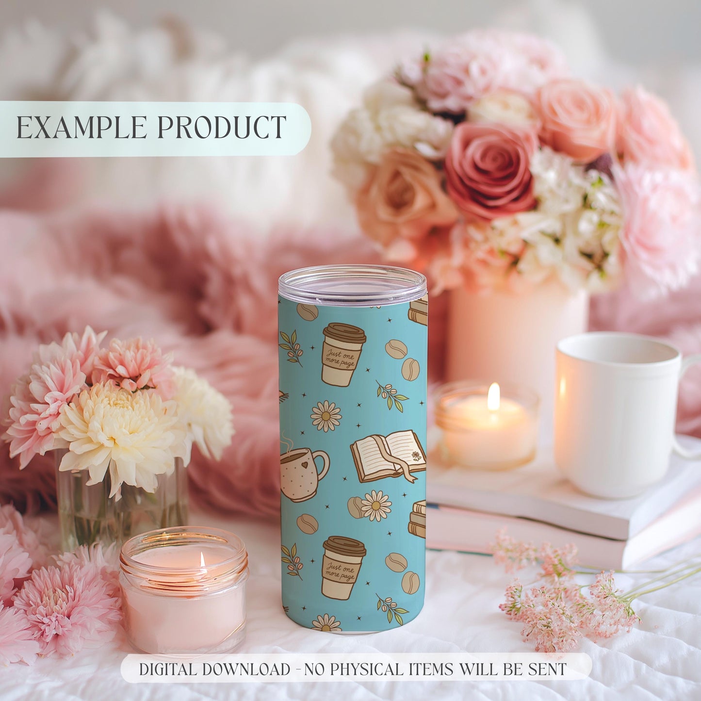 Skinny tumbler mockup wrapped in blue seamless coquette books and coffee pattern surrounded by flowers and candles.