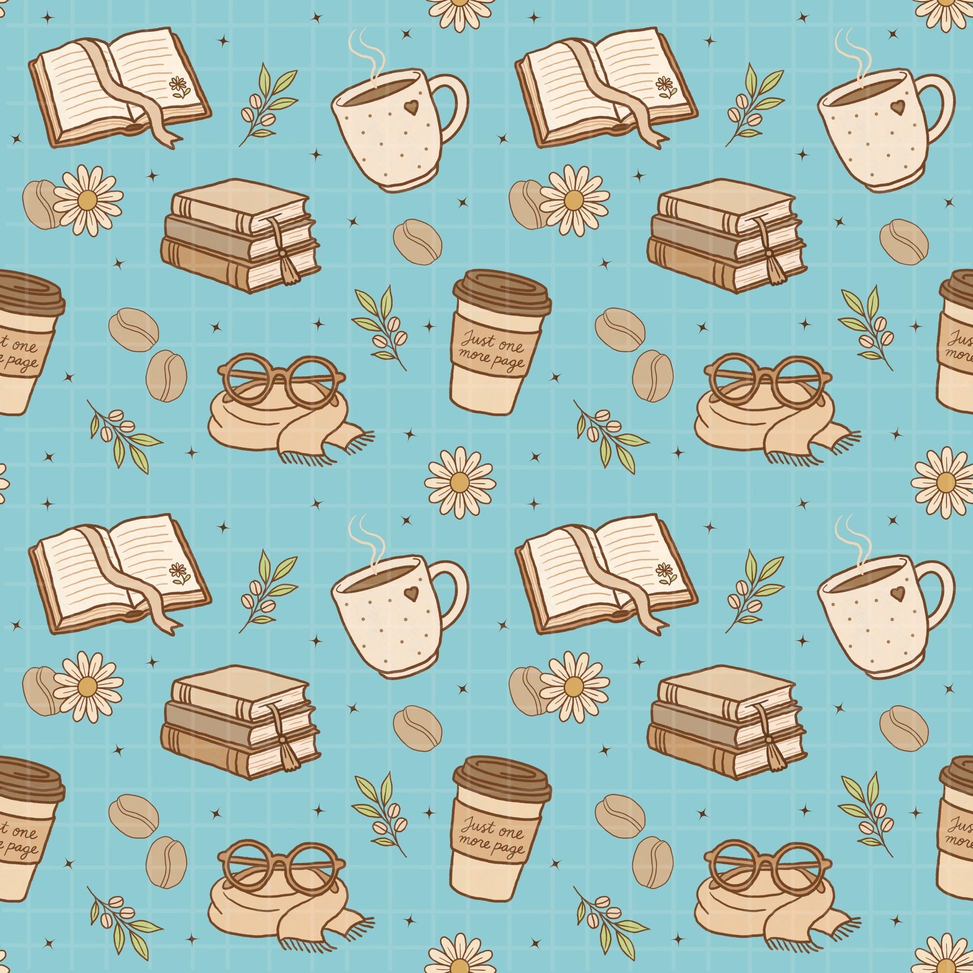 Full tile preview of blue seamless coquette pattern featuring books, coffee, pastries, and bows.