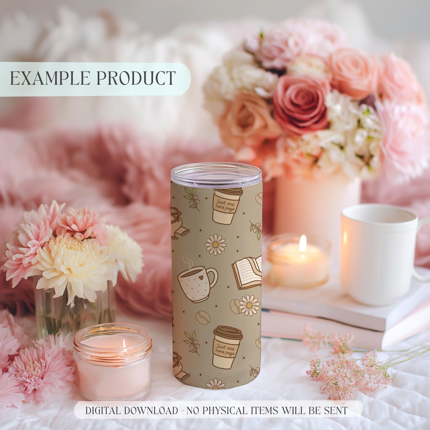 Skinny tumbler mockup wrapped in the beige book-and-coffee seamless pattern surrounded by pink flowers and candles.