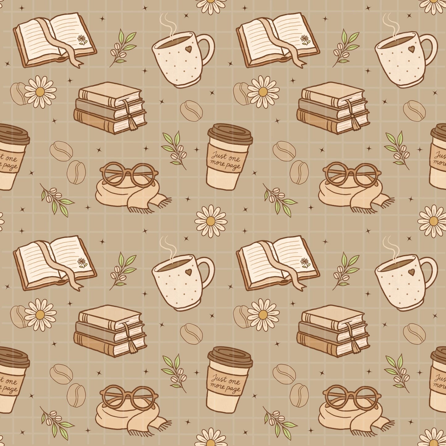 Single tile of beige seamless pattern covered in hand-drawn books, mugs, cookies, and bows.