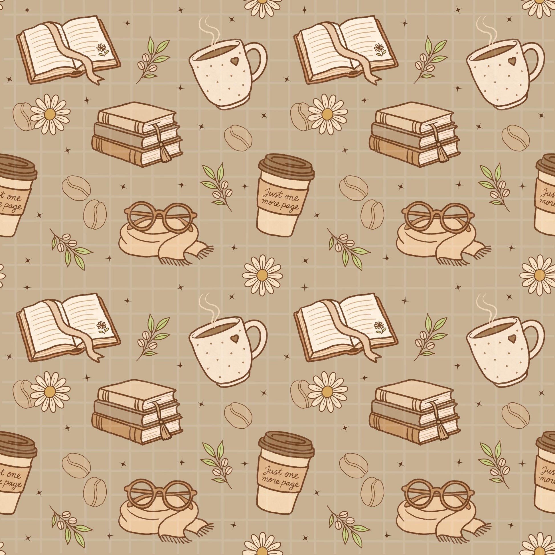 Single tile of beige seamless pattern covered in hand-drawn books, mugs, cookies, and bows.