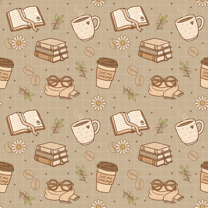 Single tile of beige seamless pattern covered in hand-drawn books, mugs, cookies, and bows.