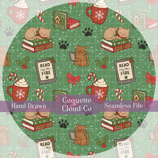 bookish cats e reader  seamless pattern green background