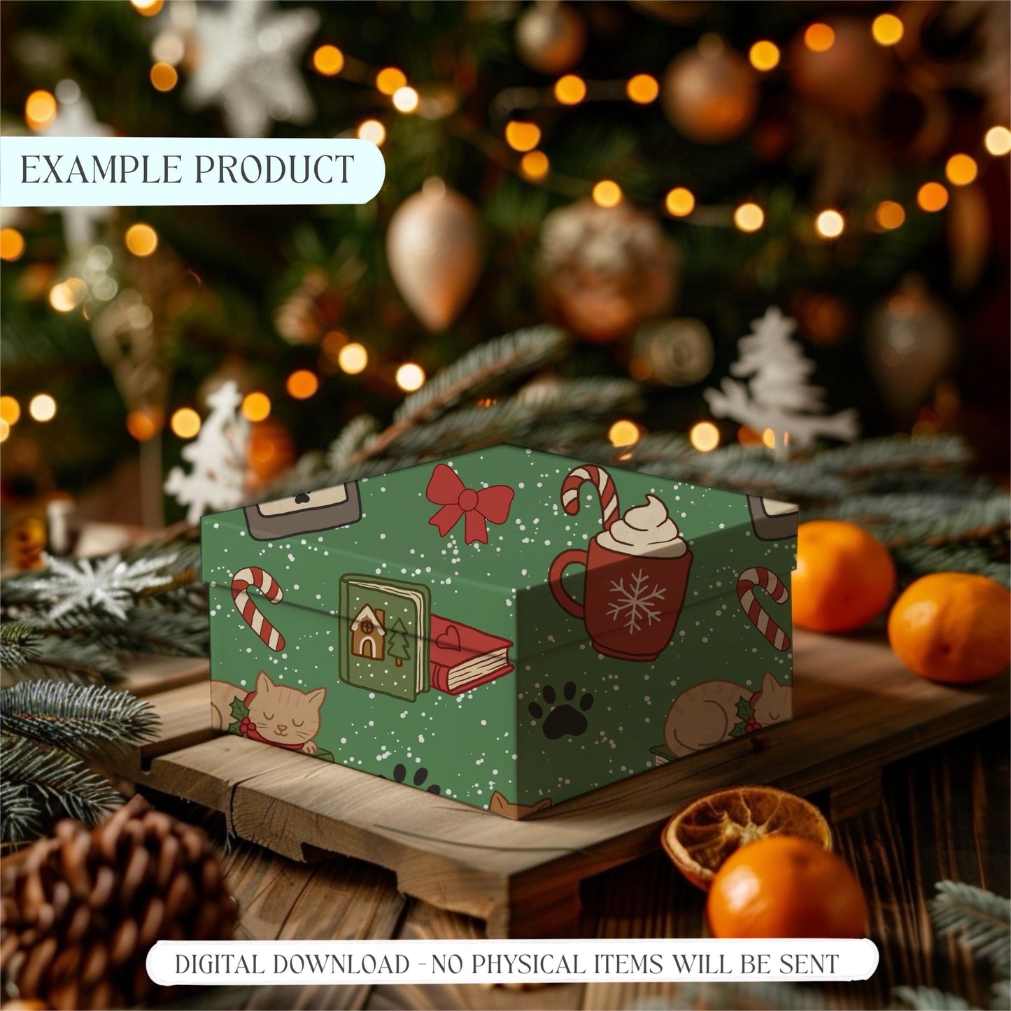 bookish Christmas pattern on gift box mockup