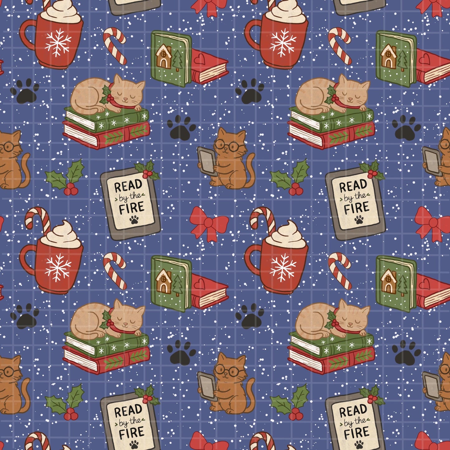 full view of seamless bookish cat pattern