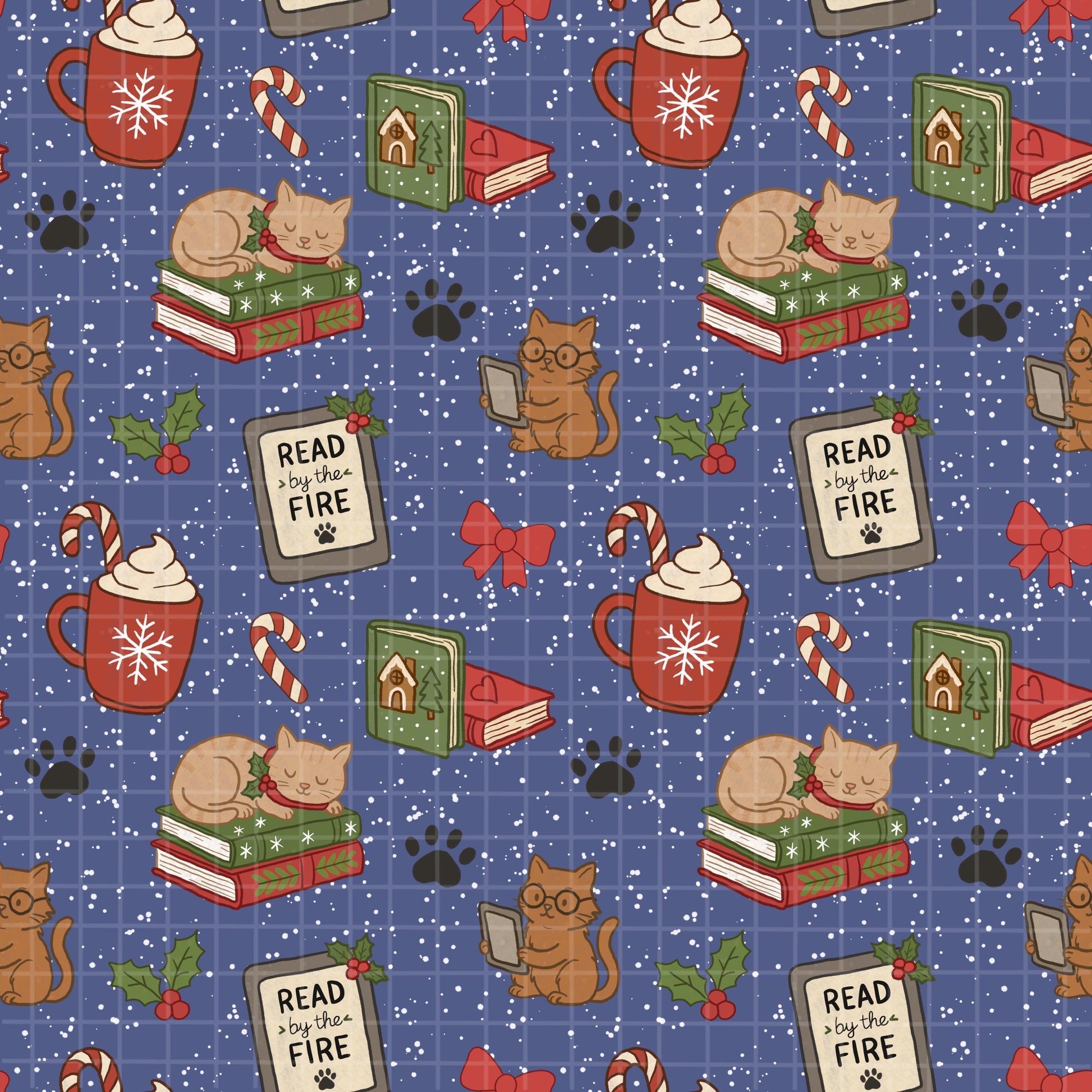 full view of seamless bookish cat pattern