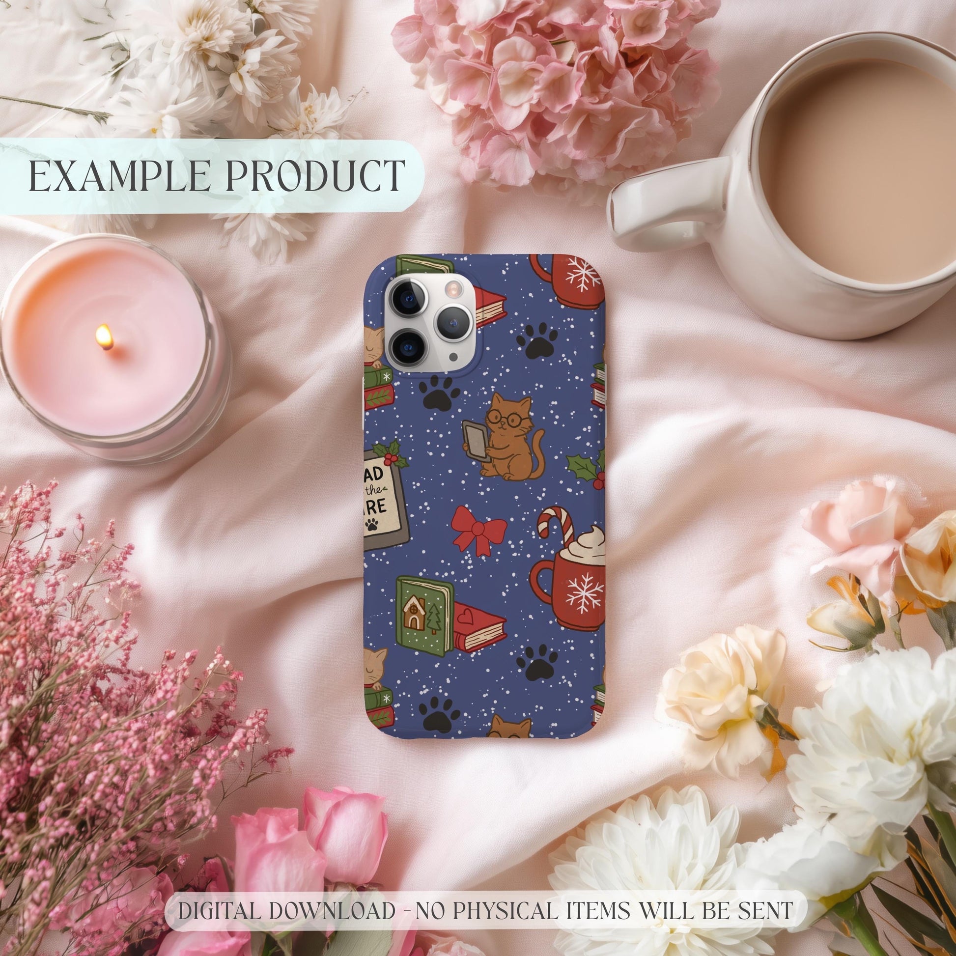 phone case mockup with bookish pattern