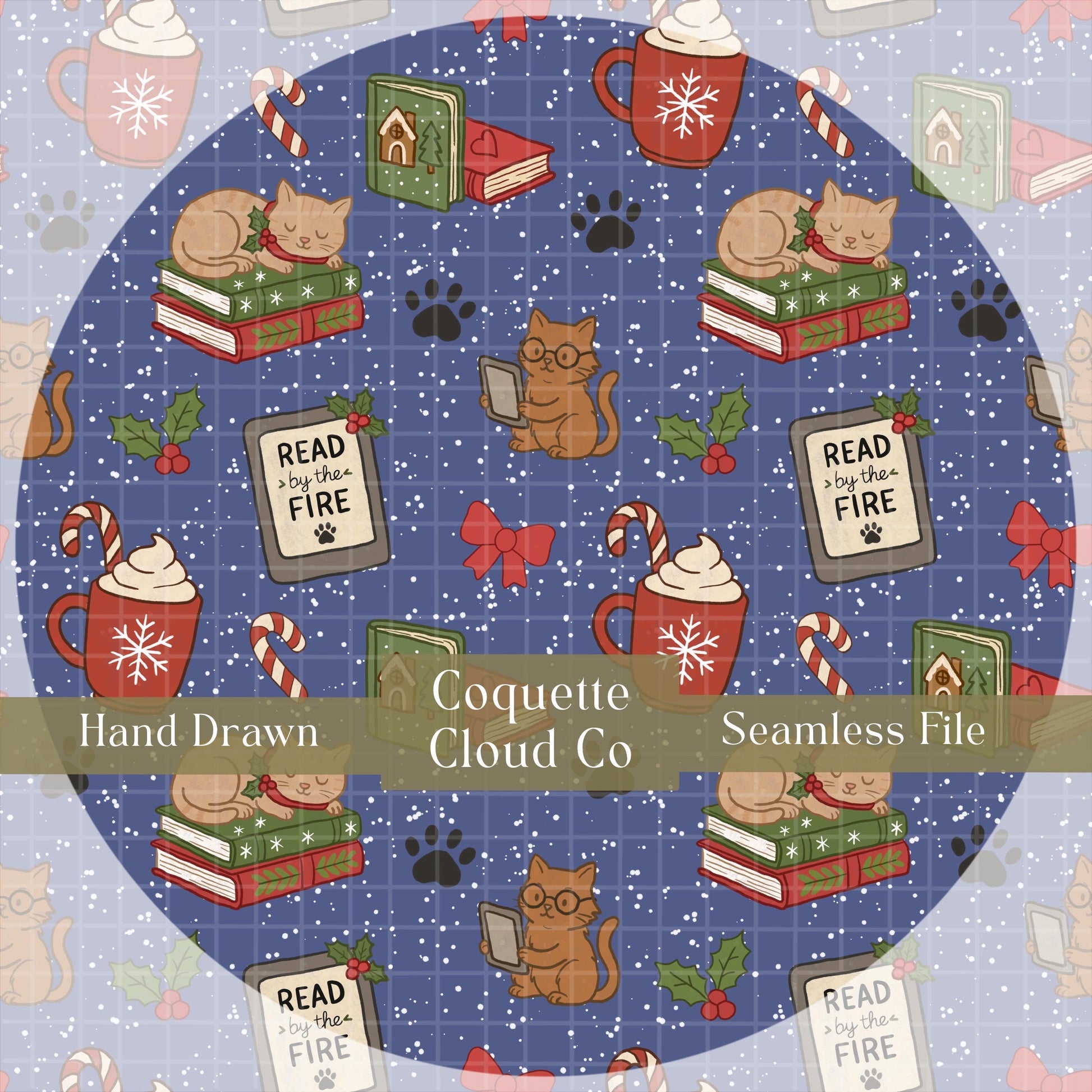 bookish cats seamless pattern 300dpi, 12x12”