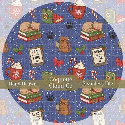 bookish cats seamless pattern 300dpi, 12x12”