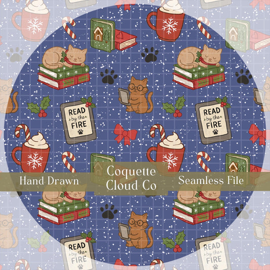 bookish cats seamless pattern 300dpi, 12x12”