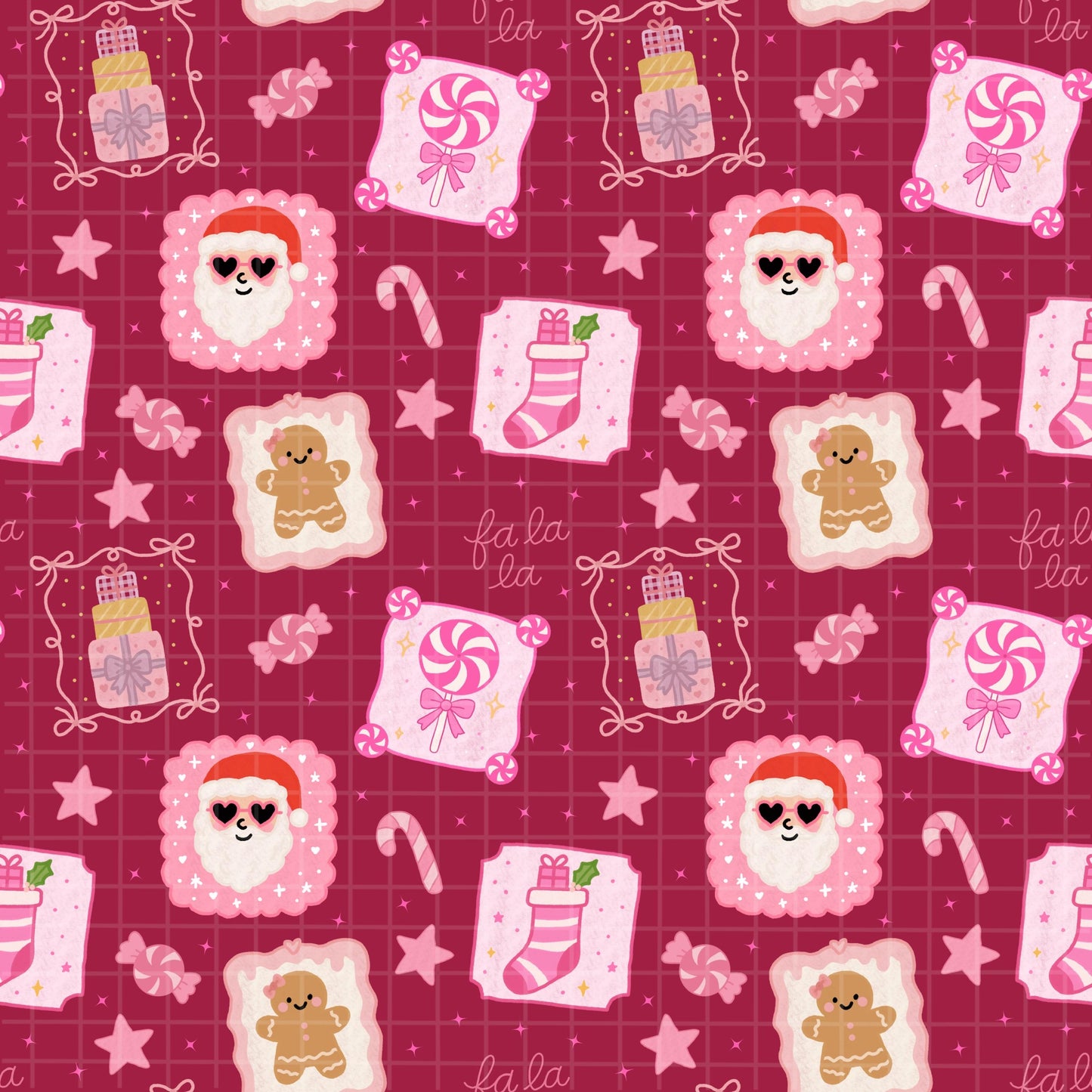 Full tile close-up of seamless Christmas pattern with Santas, gingerbread cookies, presents, and candy canes on red.