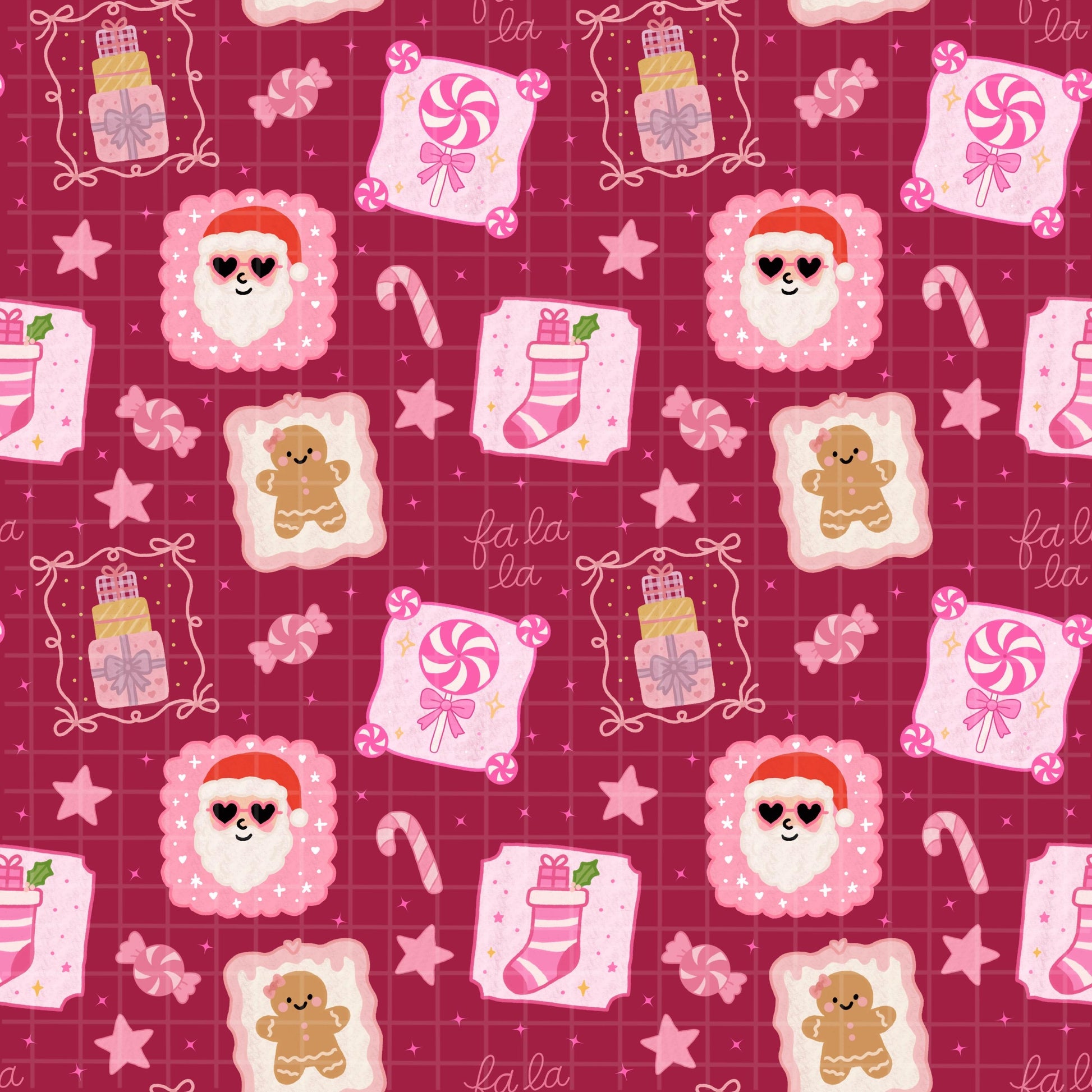 Full tile close-up of seamless Christmas pattern with Santas, gingerbread cookies, presents, and candy canes on red.