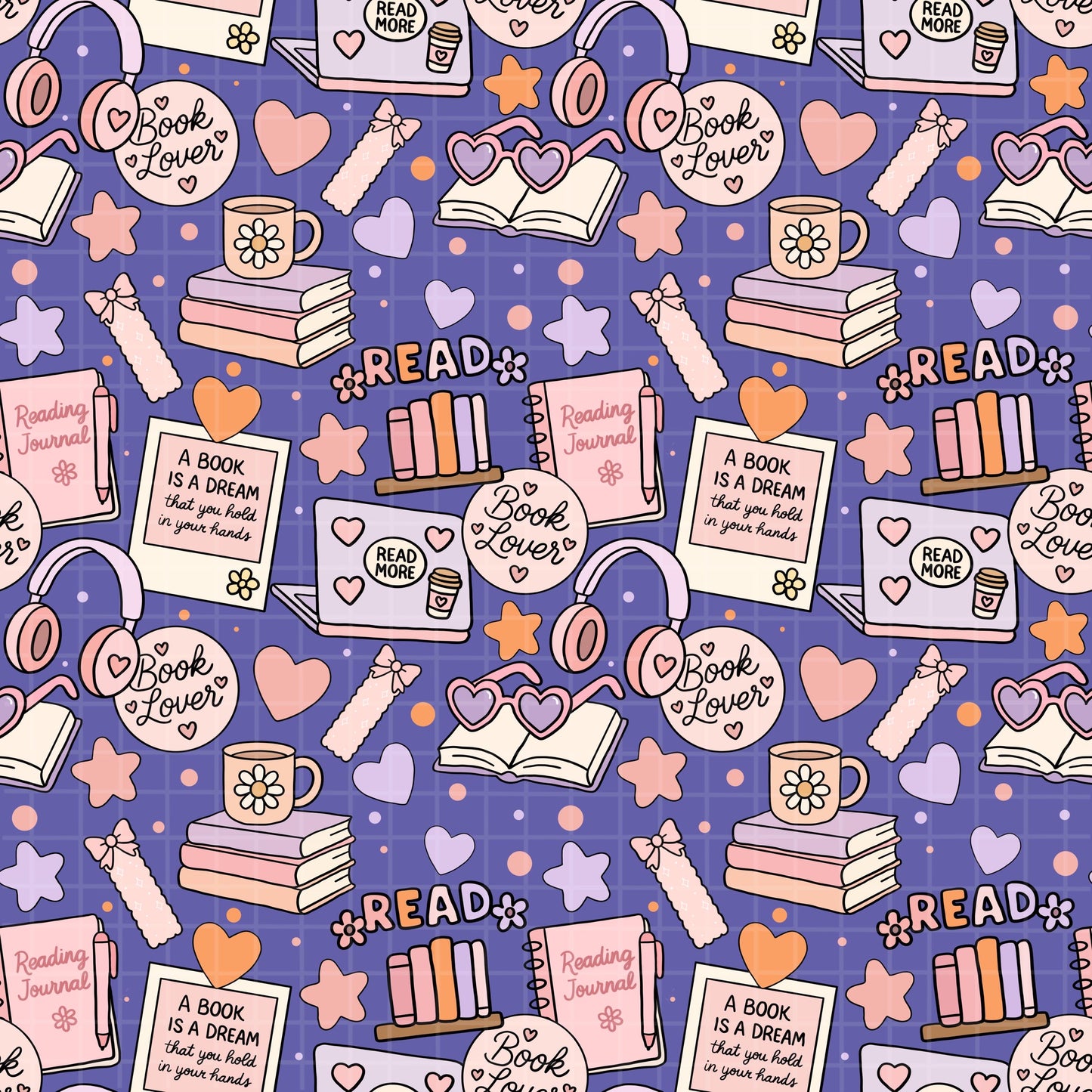 Full repeating tile preview of the purple reading-themed seamless pattern with books, mugs, stars, and bookmarks.