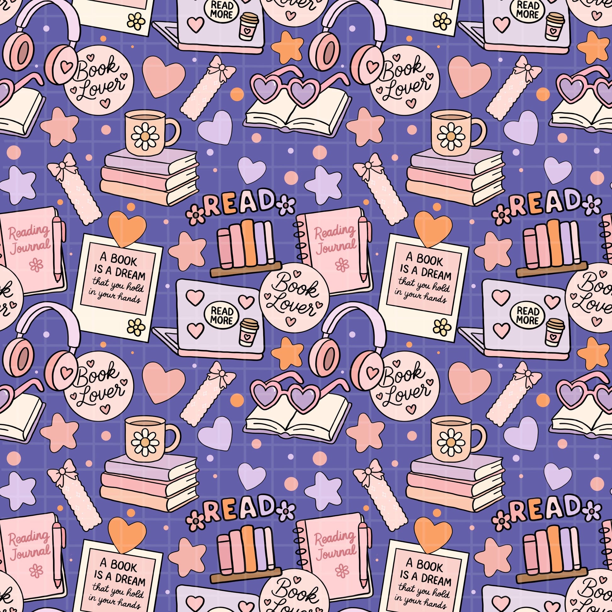 Full repeating tile preview of the purple reading-themed seamless pattern with books, mugs, stars, and bookmarks.