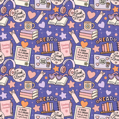 Full repeating tile preview of the purple reading-themed seamless pattern with books, mugs, stars, and bookmarks.