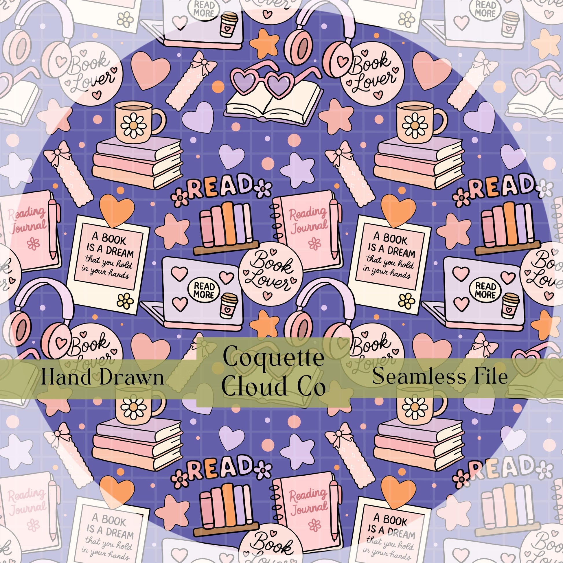 Hand-drawn seamless reading-themed pattern with books, mugs, stars, bookmarks, and ‘read’ labels on a purple background.