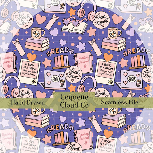 Hand-drawn seamless reading-themed pattern with books, mugs, stars, bookmarks, and ‘read’ labels on a purple background.