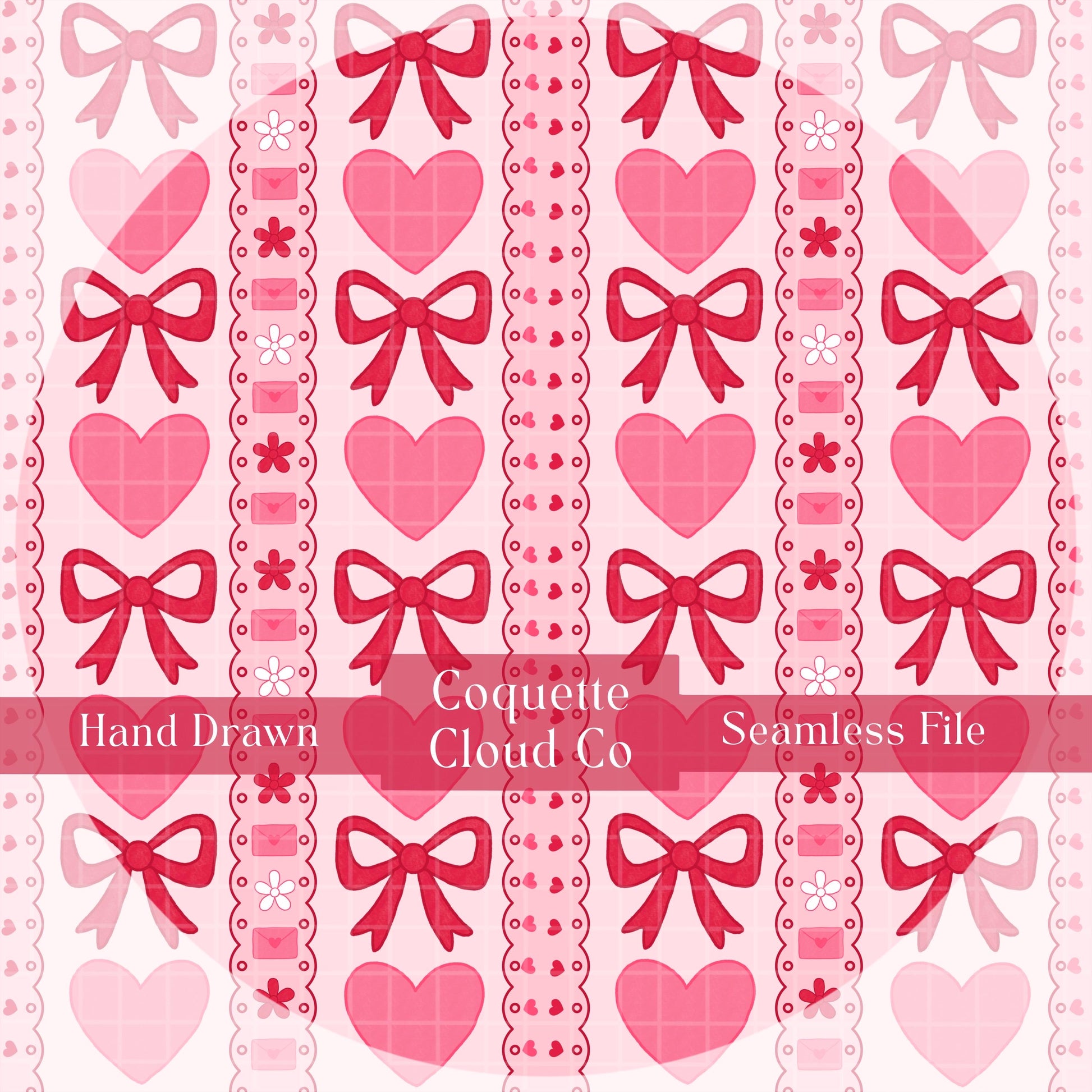 Valentine seamless pattern pink hearts and red bows 12x12 PNG