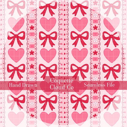 Valentine seamless pattern pink hearts and red bows 12x12 PNG
