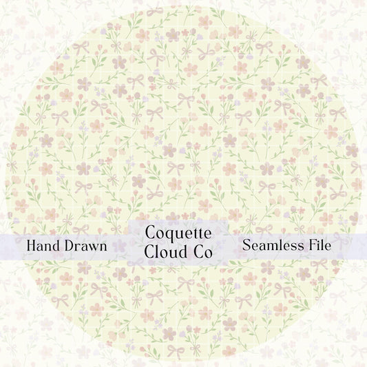 Pastel floral seamless pattern background with tiny pink flowers and green leaves. Center text reads “Hand Drawn – Coquette Cloud Co – Seamless File.